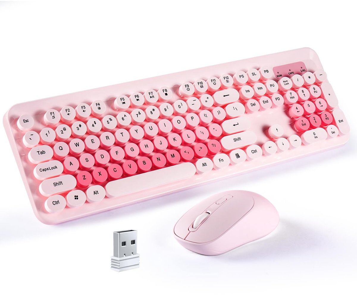 SnelShoppen - Draadloos Toetsenbord en Muis Combinatie, 104 Toetsen, Full Size USB Toetsenbord met Nummerpad, Retro Ronde Toetsen, 2.4G, Amerikaanse L
