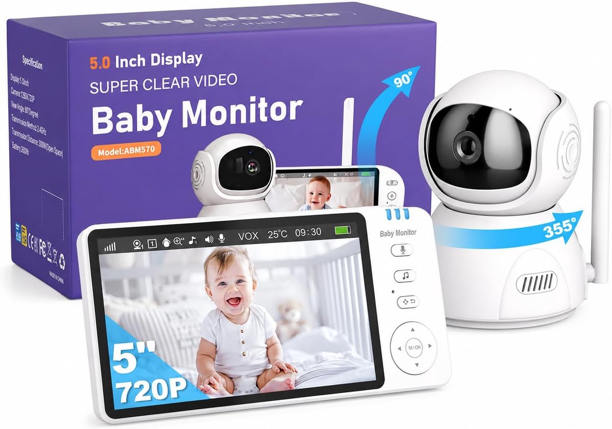 SnelShoppen - Babyfoon 5” Monitor met Camera 720P Zonder WiFi, VOX Functie, 4X Zoom, Ideaal voor Kinderen, Veiligheid en Rust in Huis