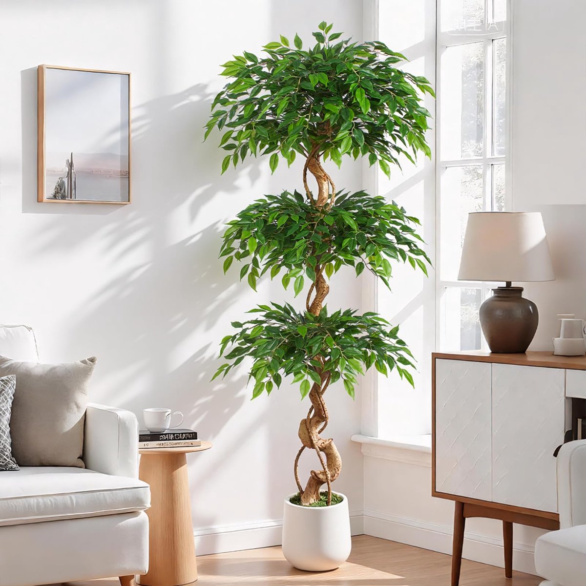SnelShoppen - 1,8 m Ficus Kunstboom in Witte Pot - Weelderige Nep Zijde Boom met Natuurlijke Gebogen Stam voor Binnenhuisdecoratie, Woonkamer, Kantoor