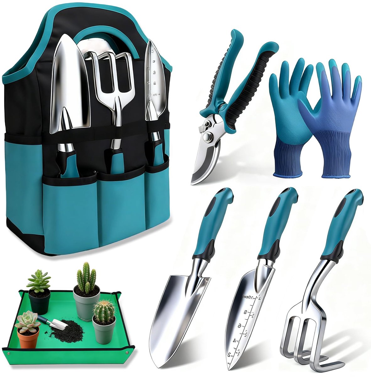 SnelShoppen - Tuingereedschap set 7 stuks - Roestvrij staal tuinier set met organiser handtas - Ideaal tuincadeau voor vrouwen en tuinliefhebbers