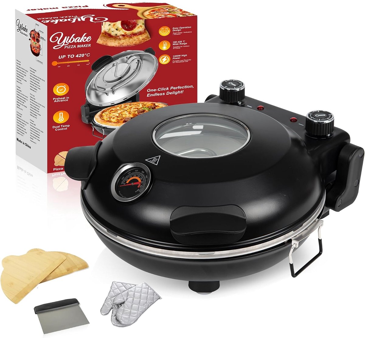 SnelShoppen - Elektrische Pizza Oven - Pizza in 4 Minuten - 32 cm Refractaire Steen - 1200W Pizza Maker - Max Temperatuur 460°C - 5 Bakmodi - Perfect