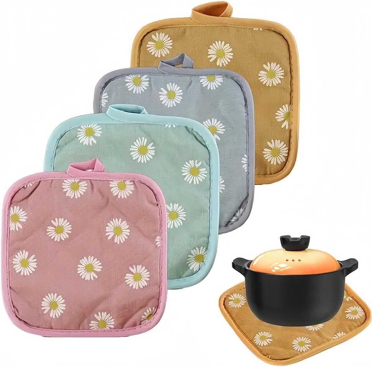Set van 4 Warmtebestendige Katoenen Pannenonderzetters 17.5x17.5 cm - Wasbare Keukenbescherming voor Koken en Bakken