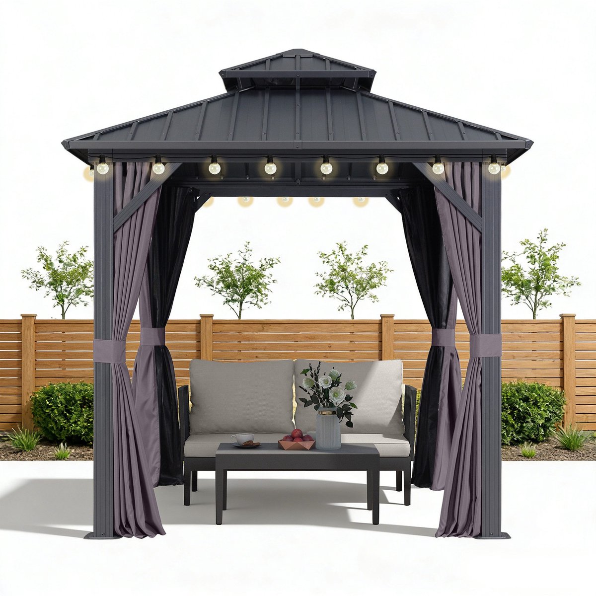 PURPLE LEAF Essential Hardtop Tuinpaviljoen met LED-verlichtin – Gegalvaniseerd Stalen Dak – Aluminium Frame – Gordijnen en Klamboe – Grau
