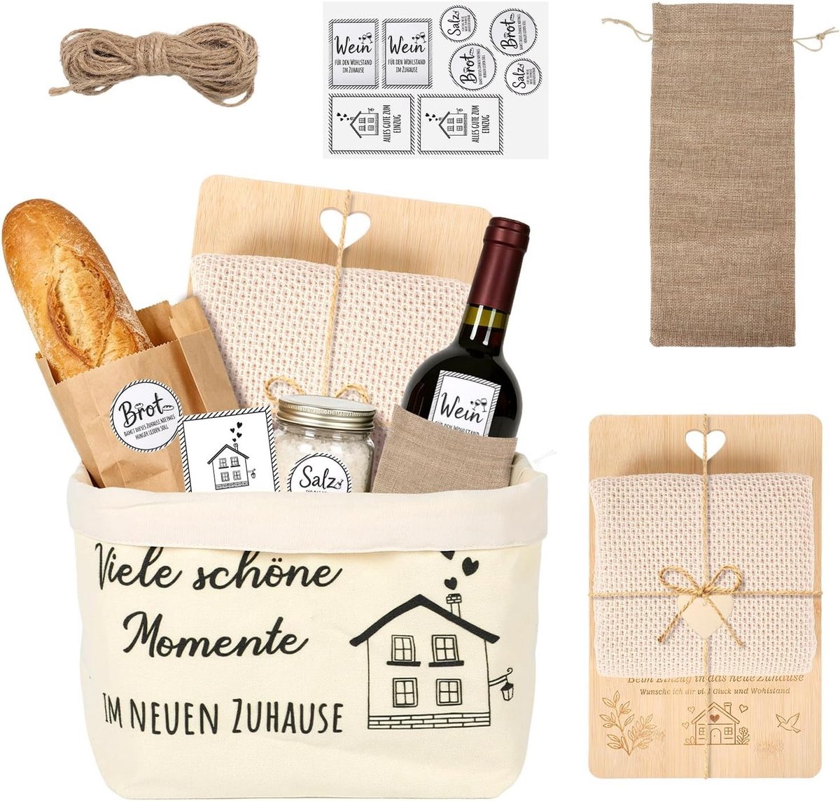 Houten snijplank, katoenen keukendoek, stoffen broodmand en wijnzak met stickers als perfect inwijdingscadeau voor housewarming en nieuwe woning