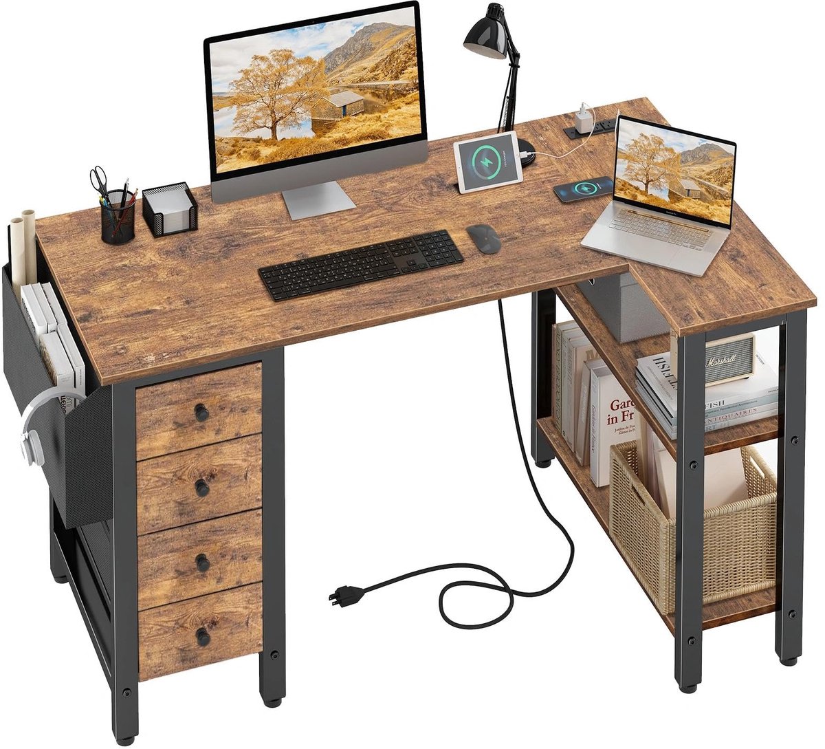SnelShoppen - L-vormig computerbureau met opbergplanken en laden, 117 cm omkeerbaar hoekbureau met stopcontact voor thuiskantoor, slaapkamer, gaming-p