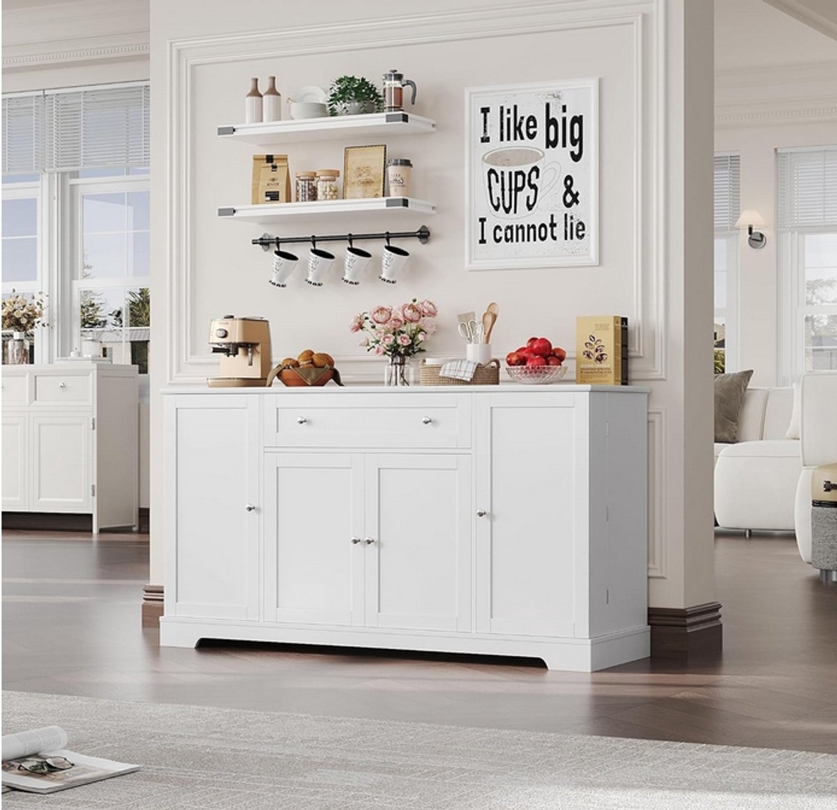 Triumpunpre Sideboard Buffetkast 4 deuren Wit - Moderne Opbergkast met Lade en Planken - Hoge Dressoirkast voor Eetkamer, Woonkamer, Keuken - 138x40x84 cm - MDF Meubel Wit