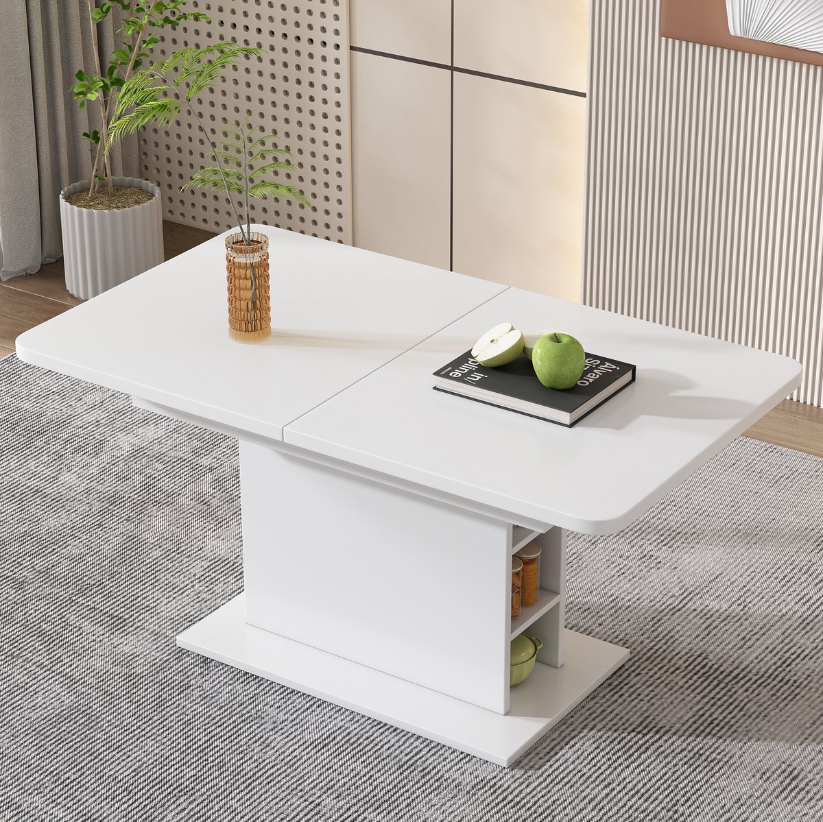 MEUNIQ uitschuifbare eettafel in wit, multifunctionele tafel van spaanplaat en metaal, voor eetkamer, werkplek en dagelijks gebruik