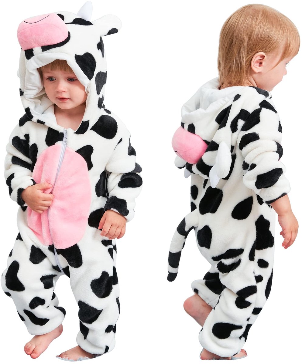 SnelShoppen - Flanellen Baby Romper met Capuchon voor Herfst/Winter, Lange Mouw Pyjama Jumpsuit voor Meisjes en Jongens, Koe Print, 6-12 Maanden