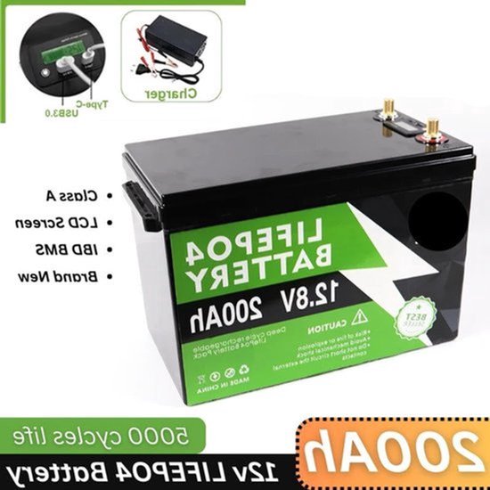 12V LiFePO4 Batterij – Lithium-IJzerfosfaat Accu – Noodstroomvoorziening – Draagbare Batterij – 200Ah Capaciteit – 3000W Pure Sinusgolf Omvormer