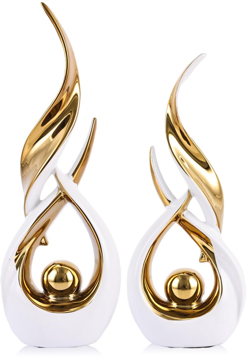 SnelShoppen - Gouden keramische abstracte 2-delige standbeeld set, moderne woondecoratie voor schoorsteenmantel, tv-kast, eettafel, uniek design voor