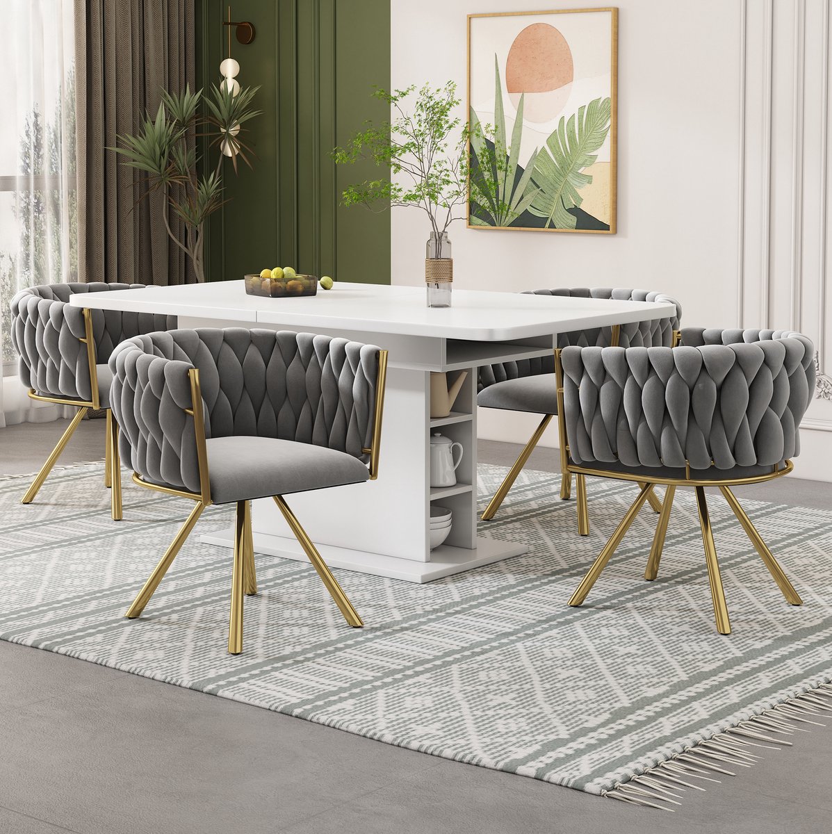 MEUNIQ eetkamerstoel set van 4 met 360° draaifunctie, kuipstoel met armleuningen, velvet bekleding en metalen onderstel voor eetkamer, grijs en goud
