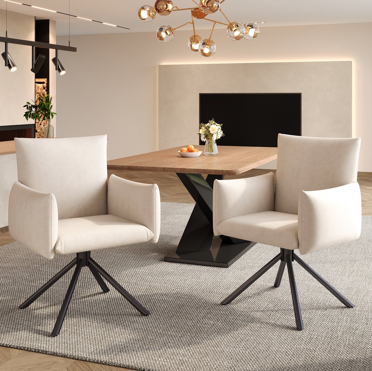MEUNIQ set van 2 eetkamerstoelen - beige, 360° draaibaar, met armleuningen, metalen onderstel, fluwelen zitting, voor eetkamer en woonkamer