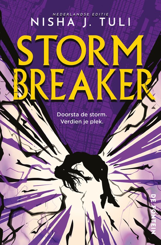 Boek kaft: Storm Breaker door Nisha J. Tuli. Een vrouw valt, omringd door paarse bliksemschichten en een stadskaart.