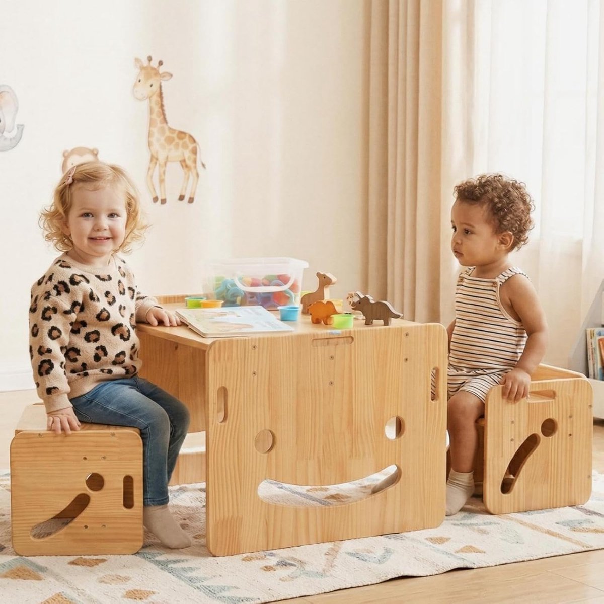 SnelShoppen - Montessori in hoogte verstelbare speentafel en stoelset voor 1-3 jaar - massief houten peutertafel met 2 stoelen voor lezen, eten en spe