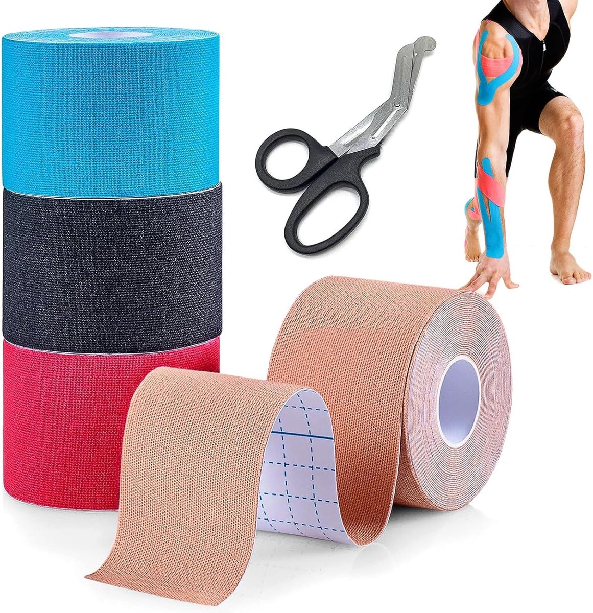 Kinesiotape Set van 4 Rollen, 5 cm x 5 m, Waterdichte Elastische Band voor Sportblessures, Ideaal voor Schouders, Rug en Knieën