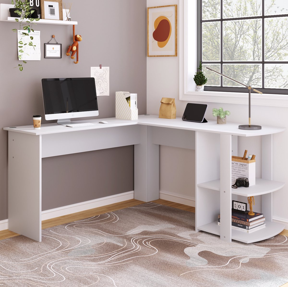 FloraGrace Bureau - L-Vormig Hoekbureau Met 2 Open Planken En Kabeldoorvoer - Voor Thuiswerkplek En Kantoor - Wit - 140x140x75 Cm