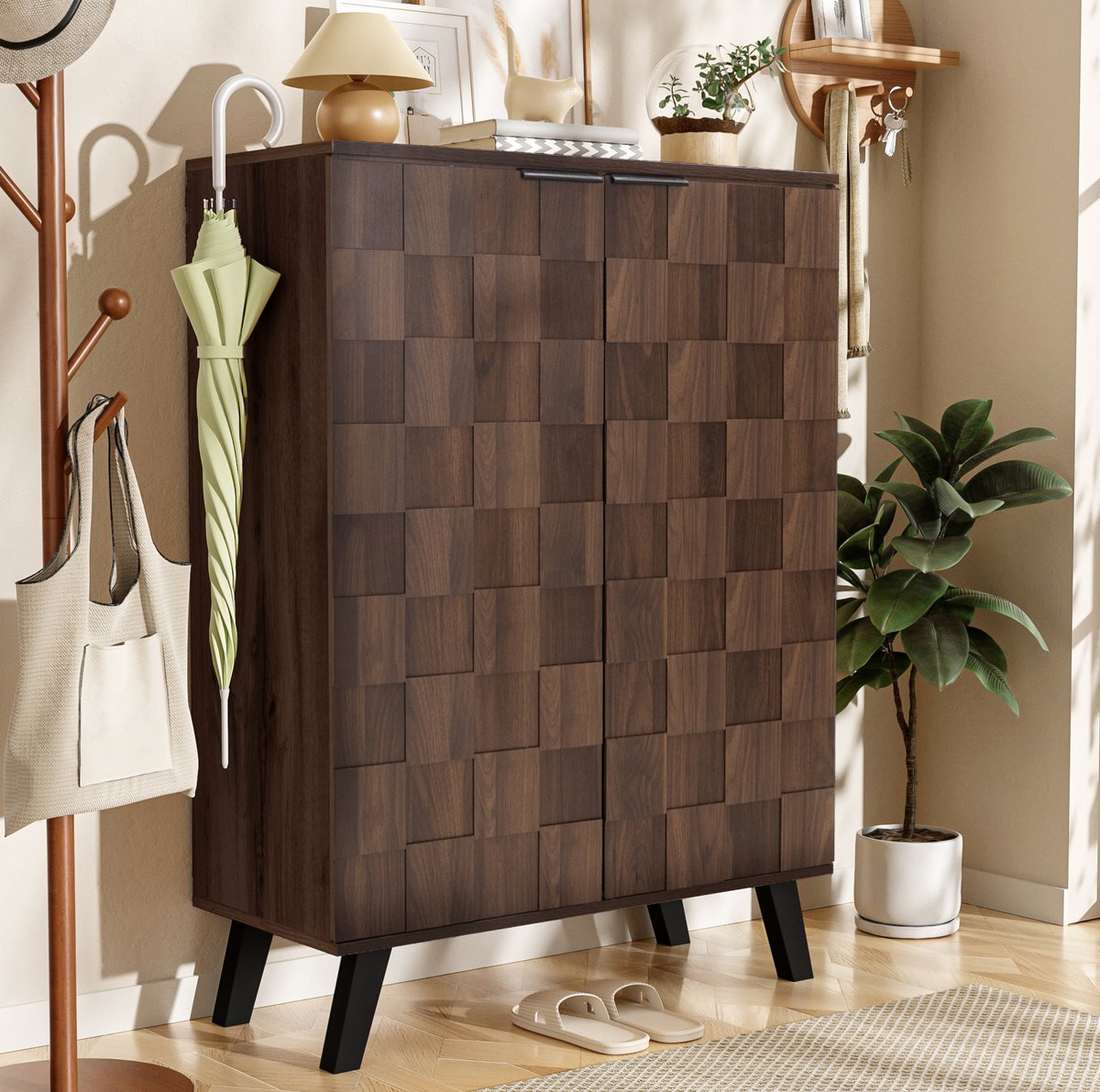 DESMIU Schoenenkast - Modern Design Met 5 Vakken En Verstelbare Planken - Voor Hal En Slaapkamer - Spaanplaat - 80x35,5x110 Cm - Donker Hout