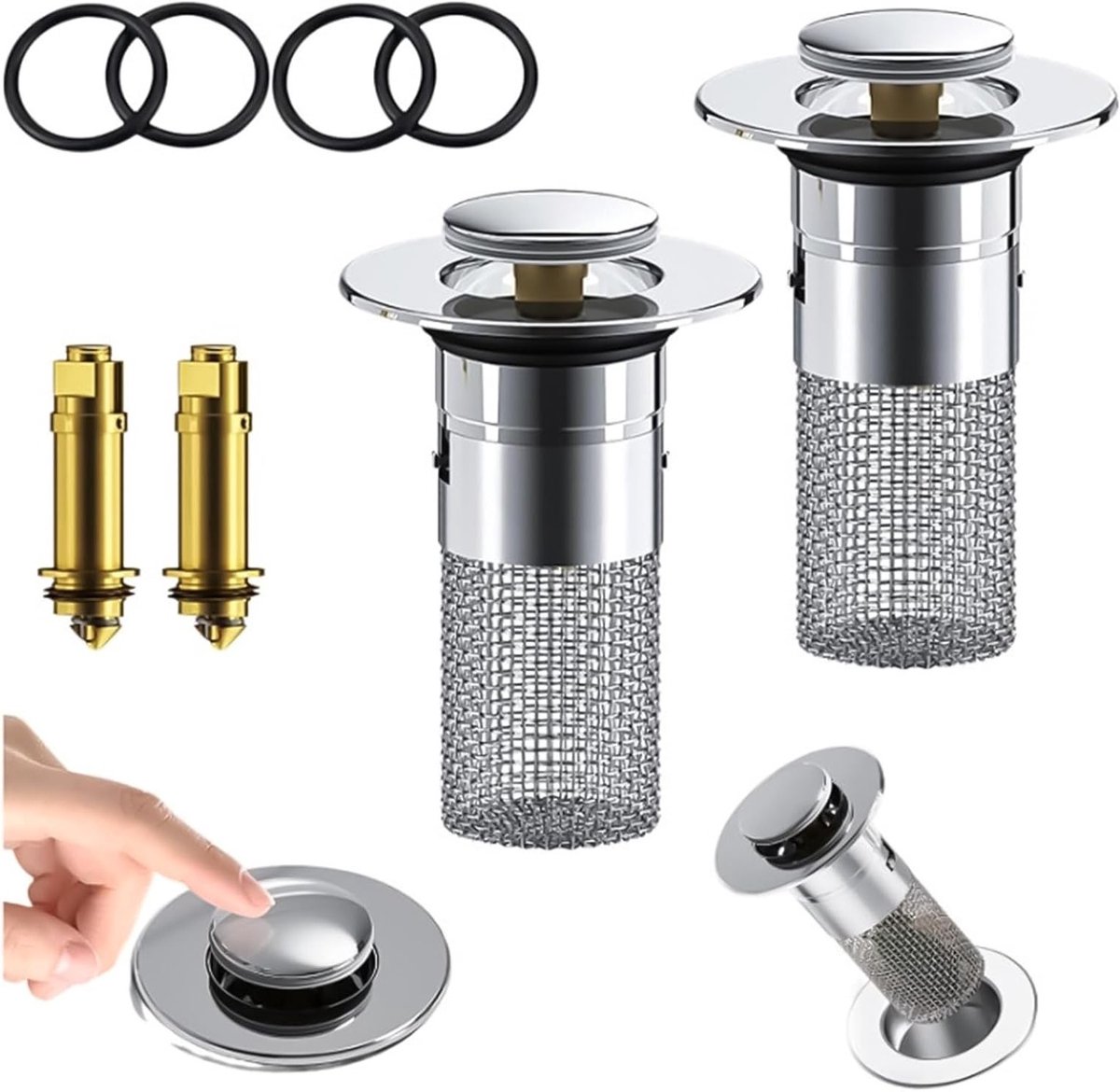 Set van 2 Universele Filters voor Keuken- en Badkamerafvoer, Anti-Verstopping Pop-Up Stopper van RVS, Geschikt voor Afvoeropeningen van 34-40 mm