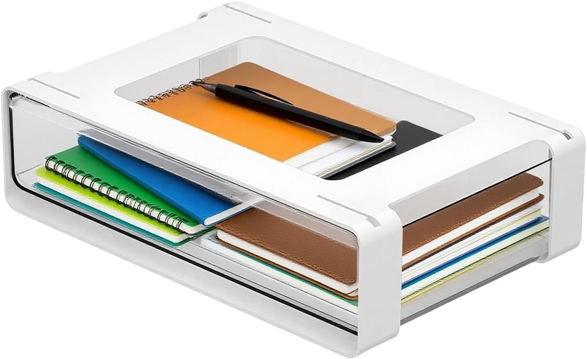 Transparante ondertafel lade, 31 x 20 x 9 cm, zelfklevende opberglade voor bureau, uitbreidbare opslagbox, ideaal voor kantoor, keuken en organisatie, kunststof, wit