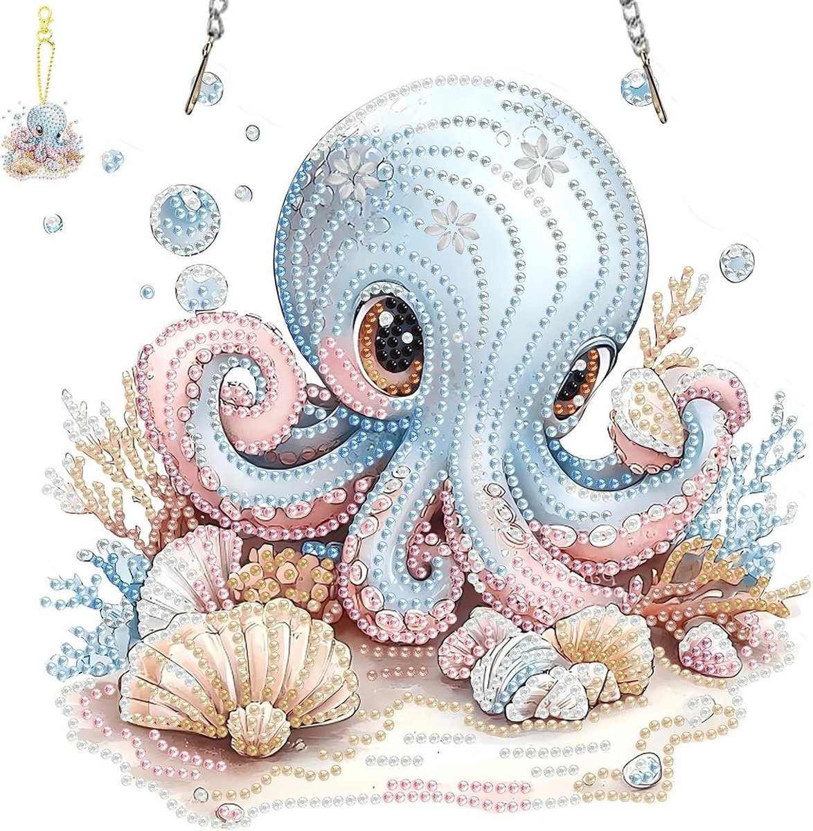Hangende diamantkunst octopus en sleutelhangers planken, dubbelzijdige ornamenten voor raamdecoratie, uniek diamantschilderij voor thuis en kantoor