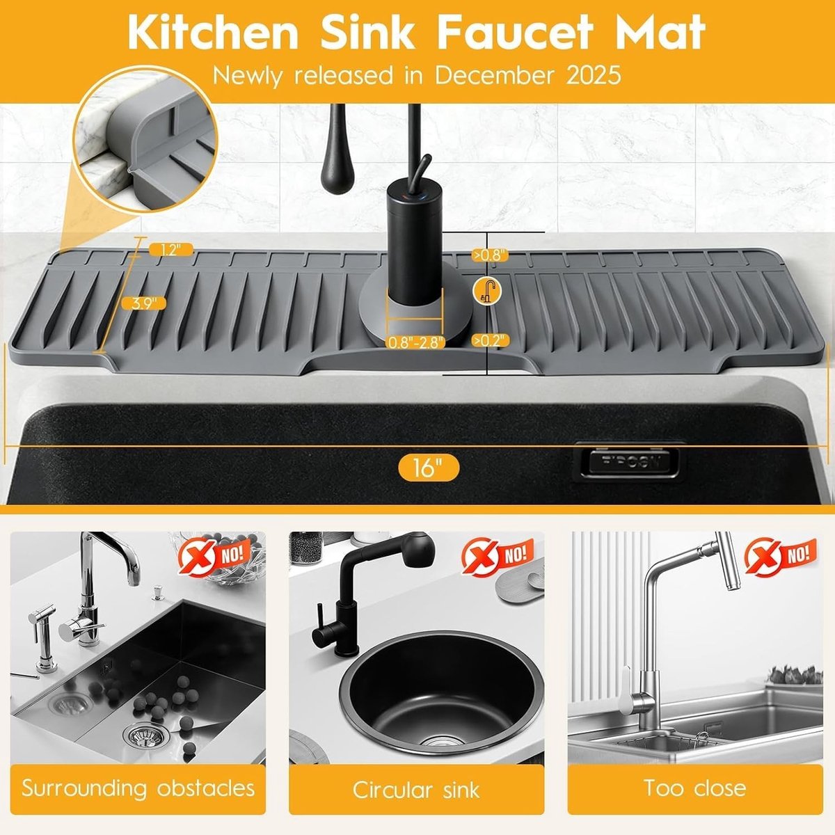 Keukenkraan Mat van 16 Inch met 8° Hellingshoek, Snelle Afvoer en Waterbescherming voor de