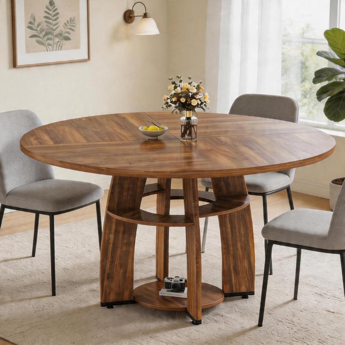 Triumpunpre - Ronde Eettafel 120 cm - MDF en spaanplaat met opbergplank - ruimtebesparende keukentafel voor 4-6 personen - Walnootkleurig