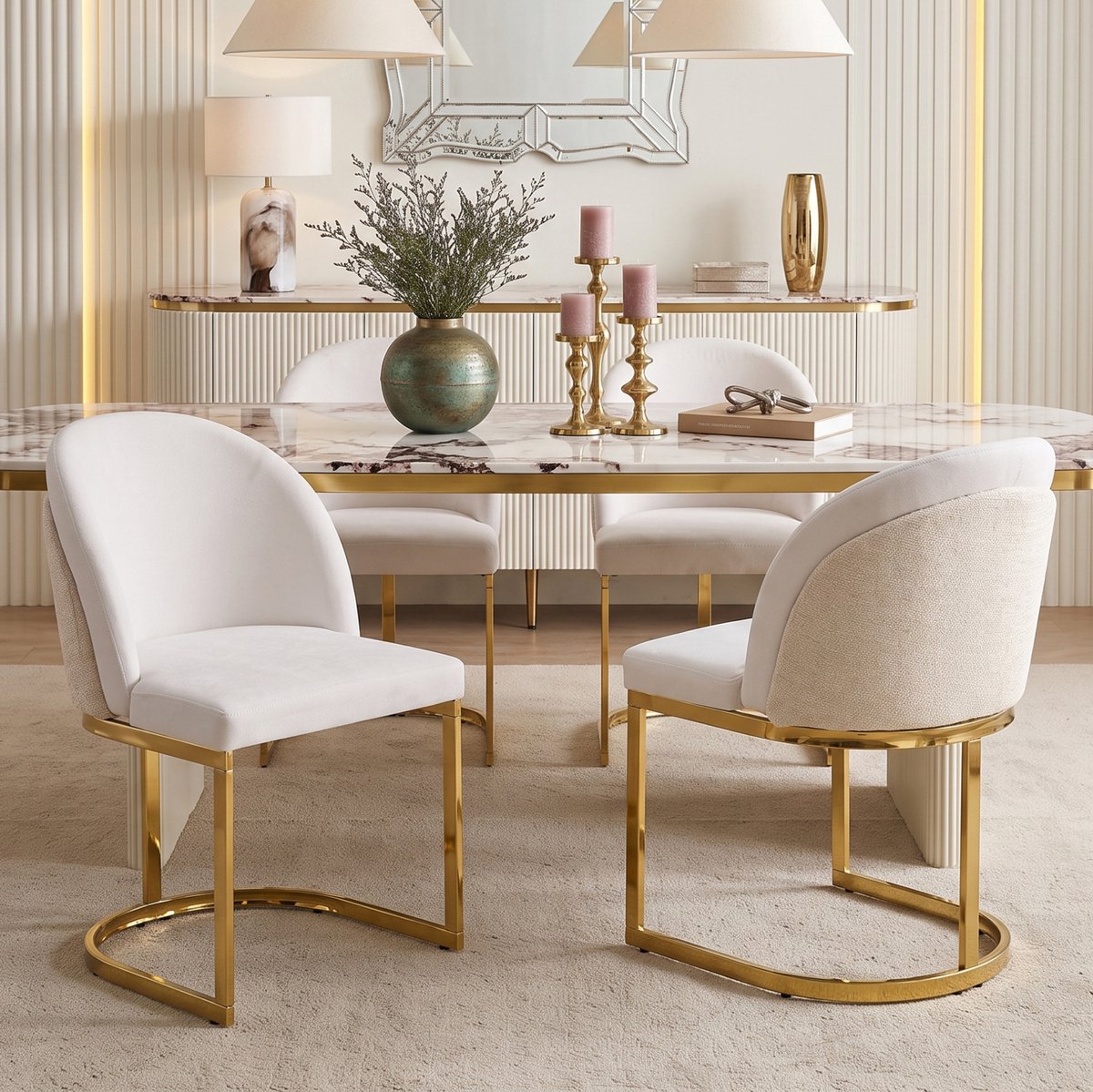 STILVORA Eetkamerstoel - Set Van 2 - Comfortabele Chenille Zitting Met Dubbele Rugleuning En Gouden Metalen Poten - Voor Eetkamer En Woonkamer - Beige Goud