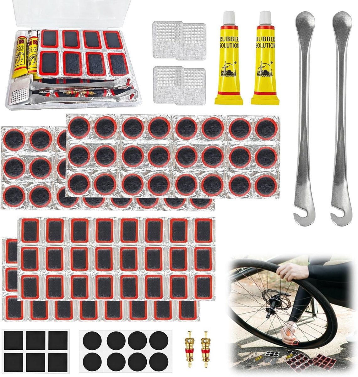 Draagbare fietsreparatieset met 120 stuks, inclusief zelfklevende patches, bandenlichters en ventielkernen voor fietsen, motorfietsen en e-bikes