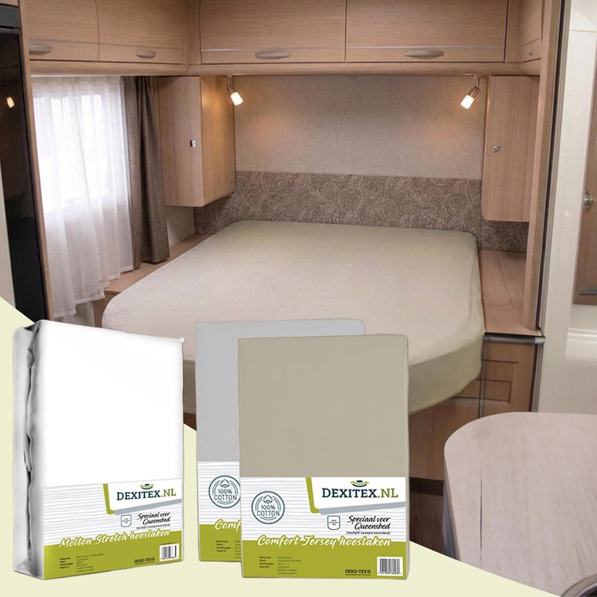 Thijox - Bettlaken Wohnwagen Queensbett - 3er Set - 1 Molton en 2 Spannbettlaken - 1 Sand + 1 Lightgrey - Hoogwaardige Katoenen Multi-Stretch voor Cam