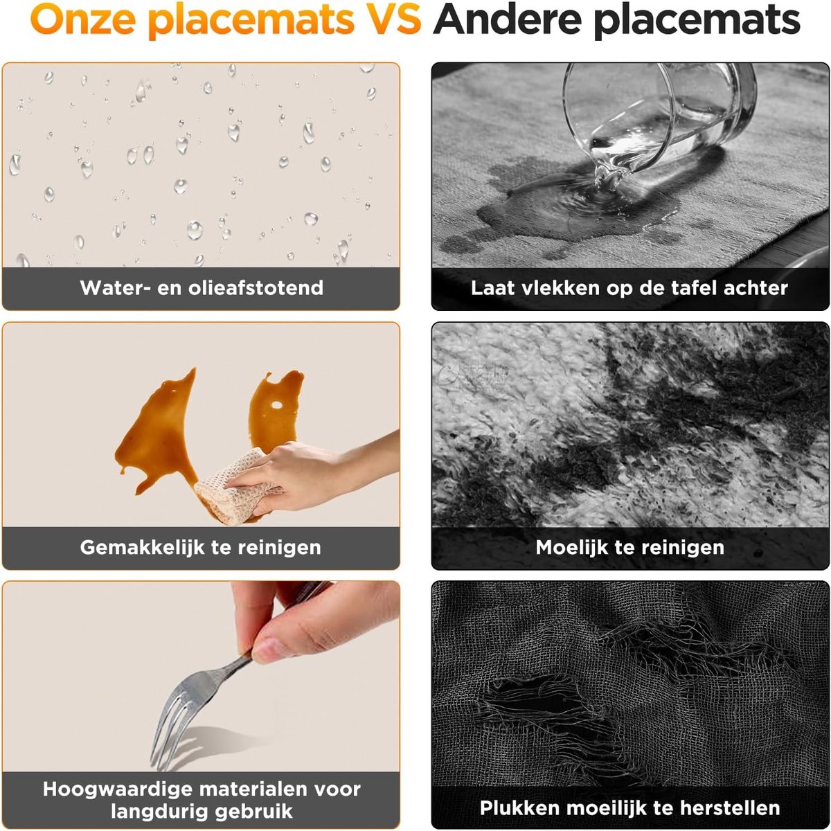 SnelShoppen - Placemats Wasbaar Faux Leer - Duurzame en Waterdichte Tafelmat - Dubbelzijdig, Milieuvriendelijk, Set van 6, Beige voor Thuis en Kantoor