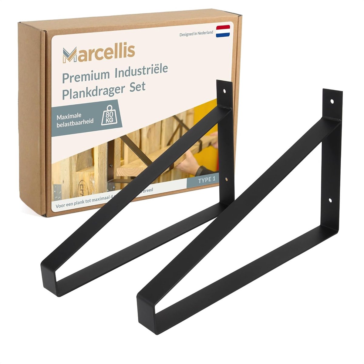 Thijox - Industriële Plankdrager - Plankhouder voor Plank 40cm - Mat Zwart Staal - Inclusief Bevestigingsmateriaal en Schroefbit - Type 1
