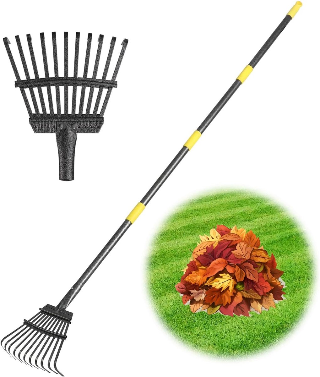 Thijox - Heavy Duty Tuinhark voor Bladeren - 70 Inch Metalen Hark met 11 Tanden - Verstelbaar Stalen Handvat voor Gazons, Tuin, Struiken en Bloembedde
