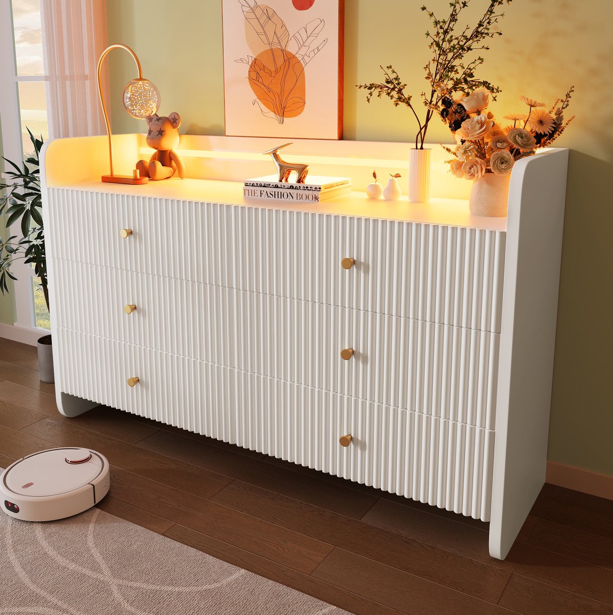 COVREO Dressoir 120x40x75 cm - met LED-verlichting, 6 lades en open vak, wit