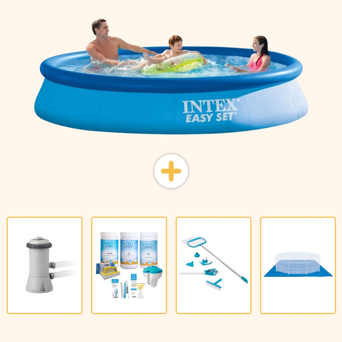 Intex Rond Opblaasbaar Easy Set Zwembad - 366 x 76 cm - Blauw - Inclusief Pomp - Onderhoudspakket - Schoonmaakset - Grondzeil - 5-delig