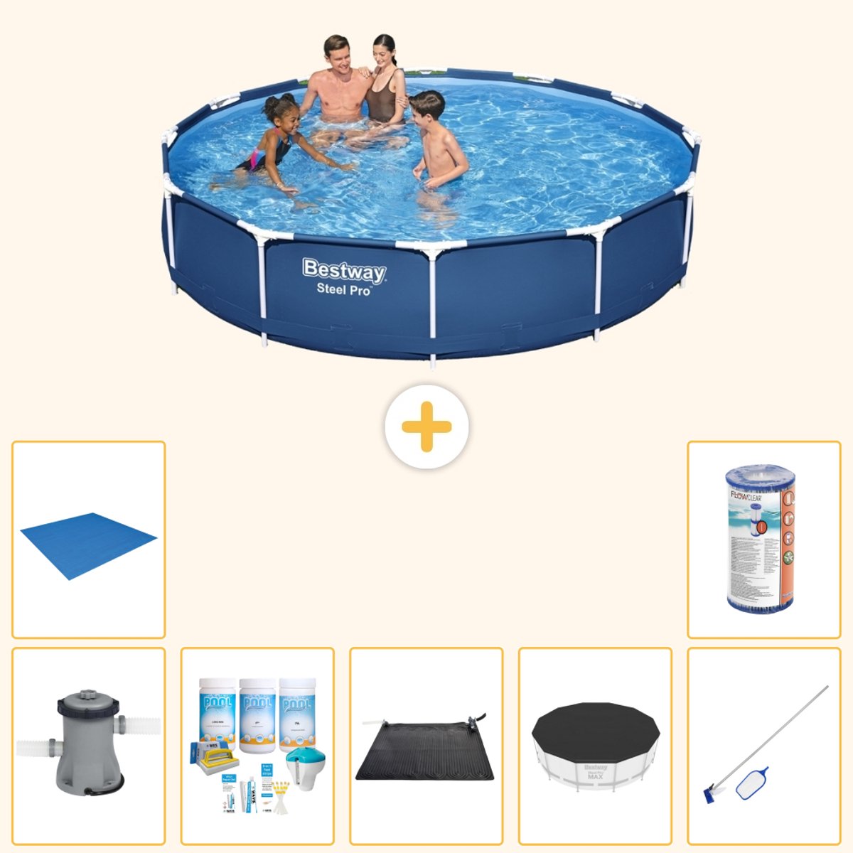 Bestway Rond Steel Pro Zwembad - 366 x 76 cm - Blauw - Inclusief Pomp - Onderhoudspakket - Solar Mat - Afdekzeil - Schoonmaakset - Grondzeil - Filter - 8-delig