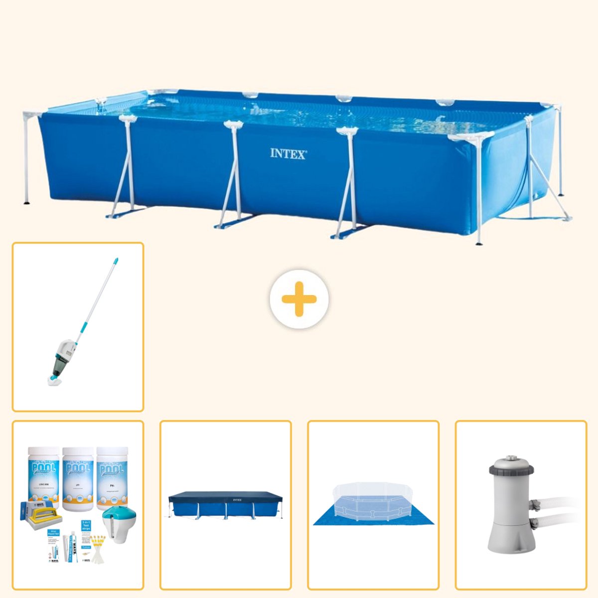 Intex Rechthoekig Frame Zwembad - 450 x 220 x 84 cm - Blauw - Inclusief Onderhoudspakket - Afdekzeil - Grondzeil - Zwembadfilterpomp - Stofzuiger - 6-delig