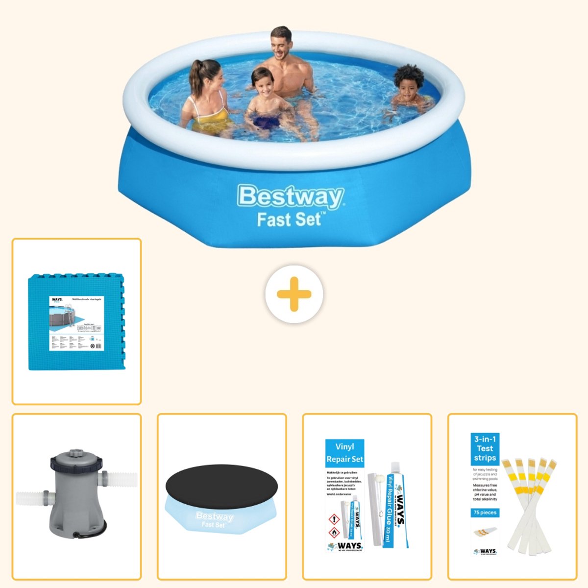 Bestway Rond Opblaasbaar Fast Set Zwembad - 244 x 61 cm - Blauw - Inclusief Pomp - Afdekzeil - Reparatiesetje - Testrips - Vloertegels - 6-delig