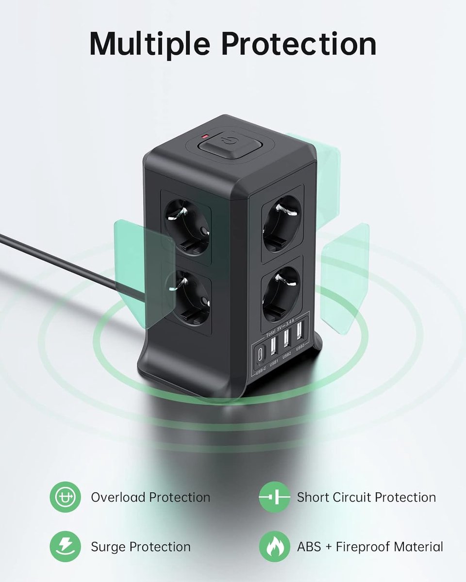 Thijox - 5 M Tower Stekkerdoos met 8 AC-stopcontacten, 4 USB-poorten, Overspanningsbeveiliging, Verticaal Ontwerp voor Tafel, Kantoor en Huis, Zwart