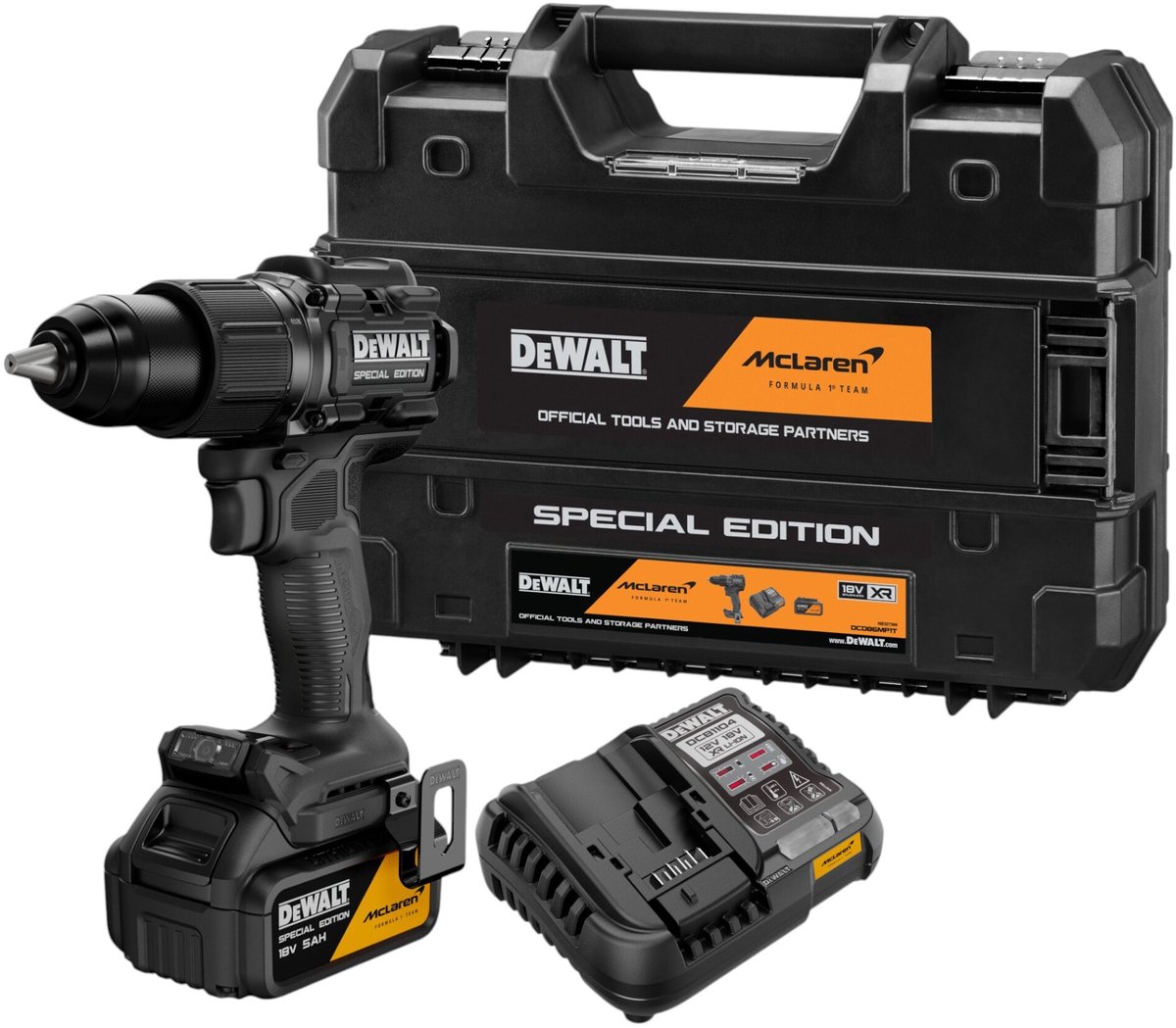 DeWalt DCD 86M P1T accu-slagboormachine 18 V 90 Nm borstelloos McLaren F1 Edition + 1x accu 5,0 Ah + oplader + TSTAK