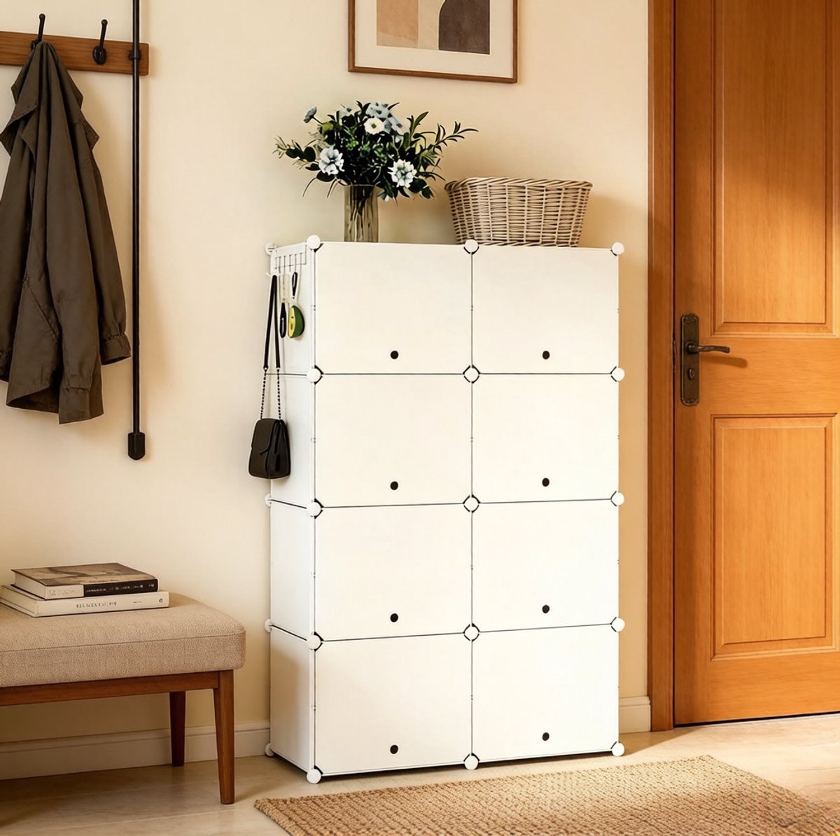 OKWISH Schoenenkast - Modulair Staand Rek Voor 32 Paar Schoenen - 94 x 36,5 x 144 cm - 8 Vakken Met Haken - Kunststof En Metaal Wit