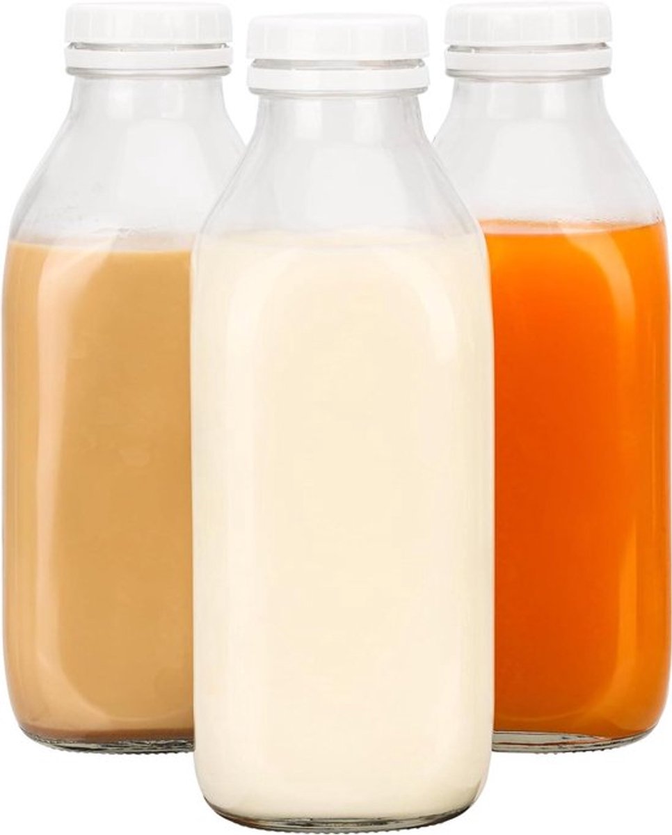 Herbruikbare glazen flessen - Sapflessen - Set van 3 - 1 liter - Luchtdichte deksels - Lekvrije flessen voor sap of melk - Geschikt voor dagelijks gebruik - Transparant