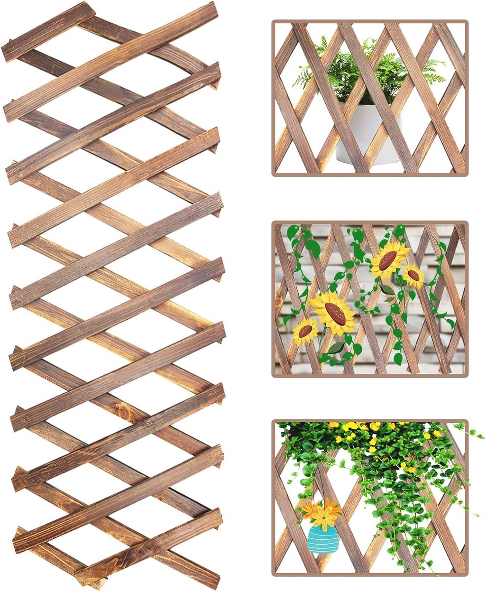 Verstelbare houten tuinhek met decoratieve schaarrooster, 200 x 30 cm, ideaal voor balkons en tuinen, natuurlijk houtkleur, plantensteun en privacybescherming