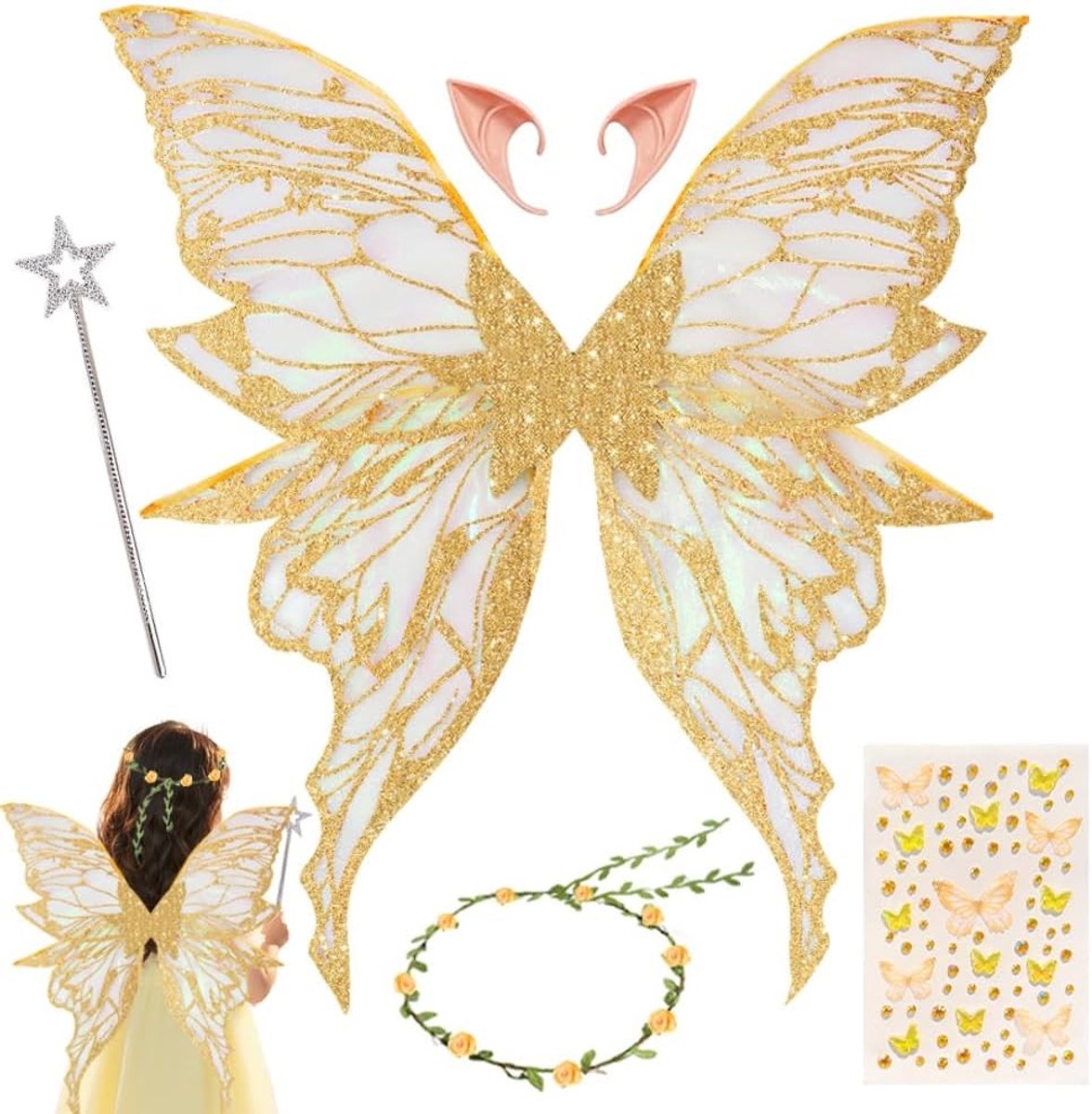 Betoverende feeënvleugels voor kinderen, kostuum met vlindervleugels en elfenoortjes, perfect voor carnaval of feesten