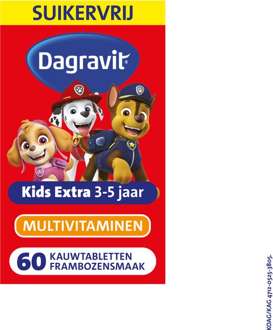 Verpakking Dagravit Kids Extra 3-5 jaar multivitaminen, suikervrij, 60 kauwtabletten frambozensmaak, met Paw Patrol karakters.