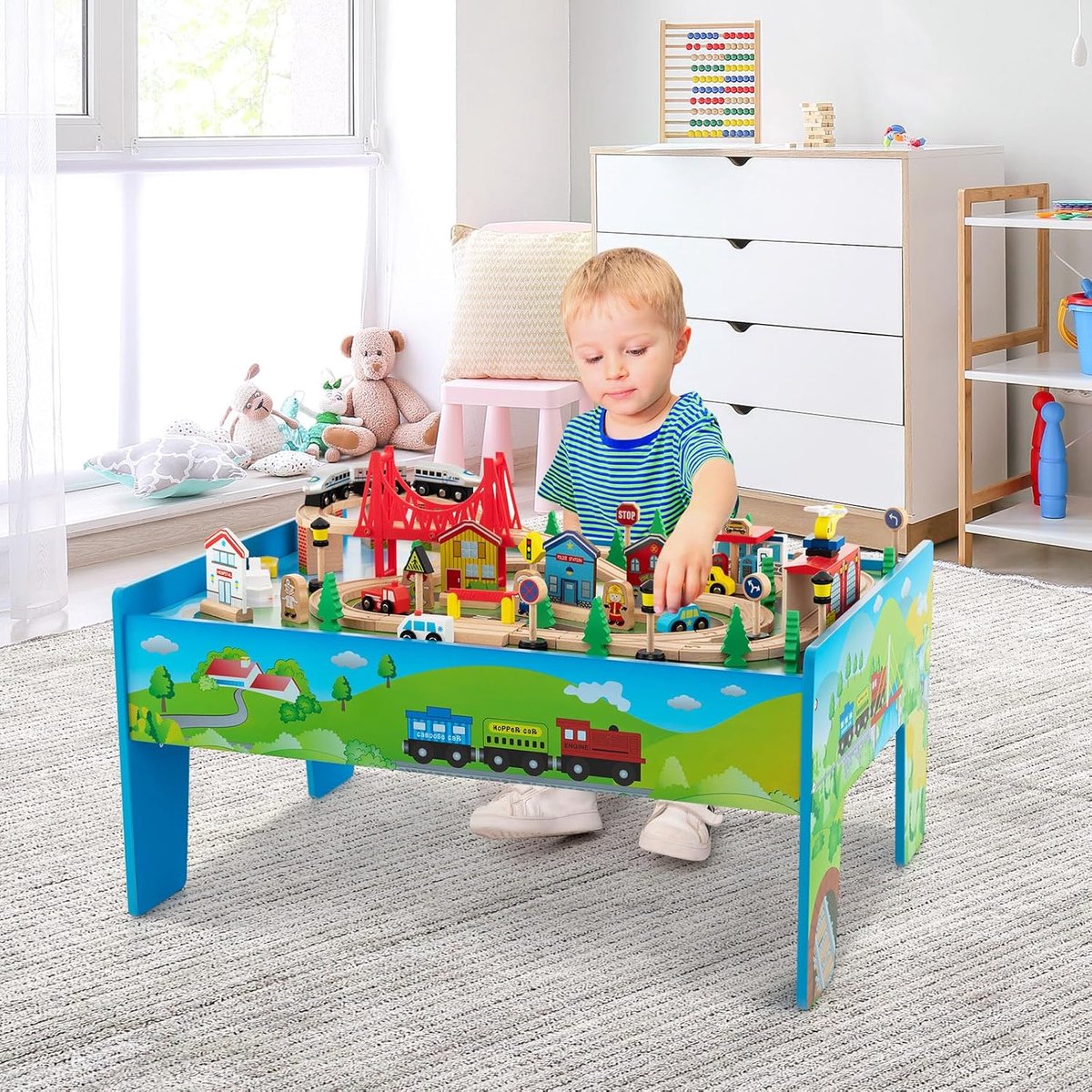 COSTWAY Spoorwegset voor kinderen, 80-delig, speeltafel van hout met omkeerbaar en afneembaar tafelblad en lade, houten spoorbaan, treinspeelgoed voor kinderen vanaf 3 jaar