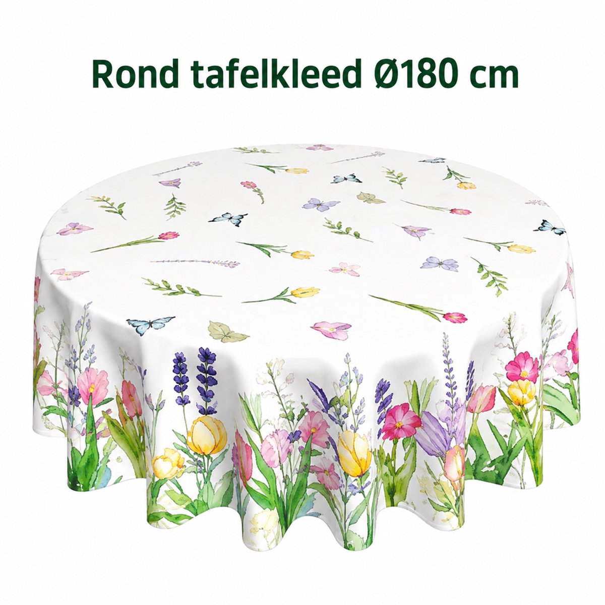 Namajunas -Rond tafelkleed, –Tafelkleed met lentethema, tulpen-en lavendelpatroon–180 cm in diameter–Tafelkleed met bloemenpatroon – Wasbaar en vlekbestendig–Geschikt voor buitenactiviteiten zoals tuin, terras, picknick en feestjes