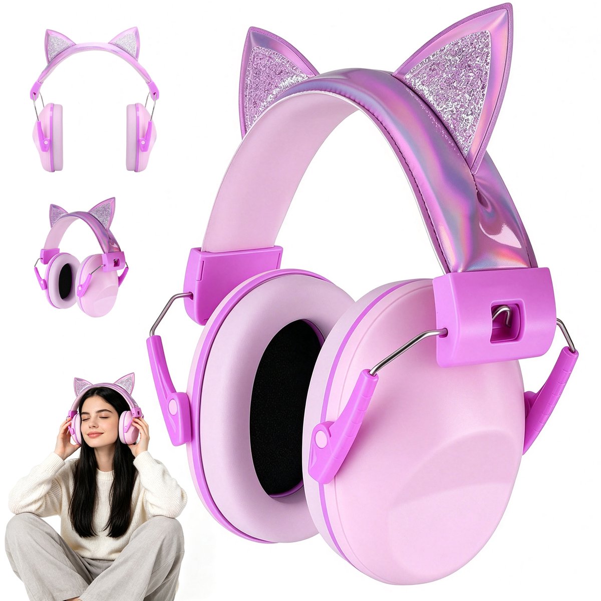 Geluidsdempende Oorkappen - Kinder Oorbeschermers - Gehoorbescherming Voor Kinderen - 28 dB - Roze - Kattenoortjes - Verstelbaar Hoofdband & Zacht Kussen - 3-16 Jaar - Earmuffs - Voor Lawaai en Reizen