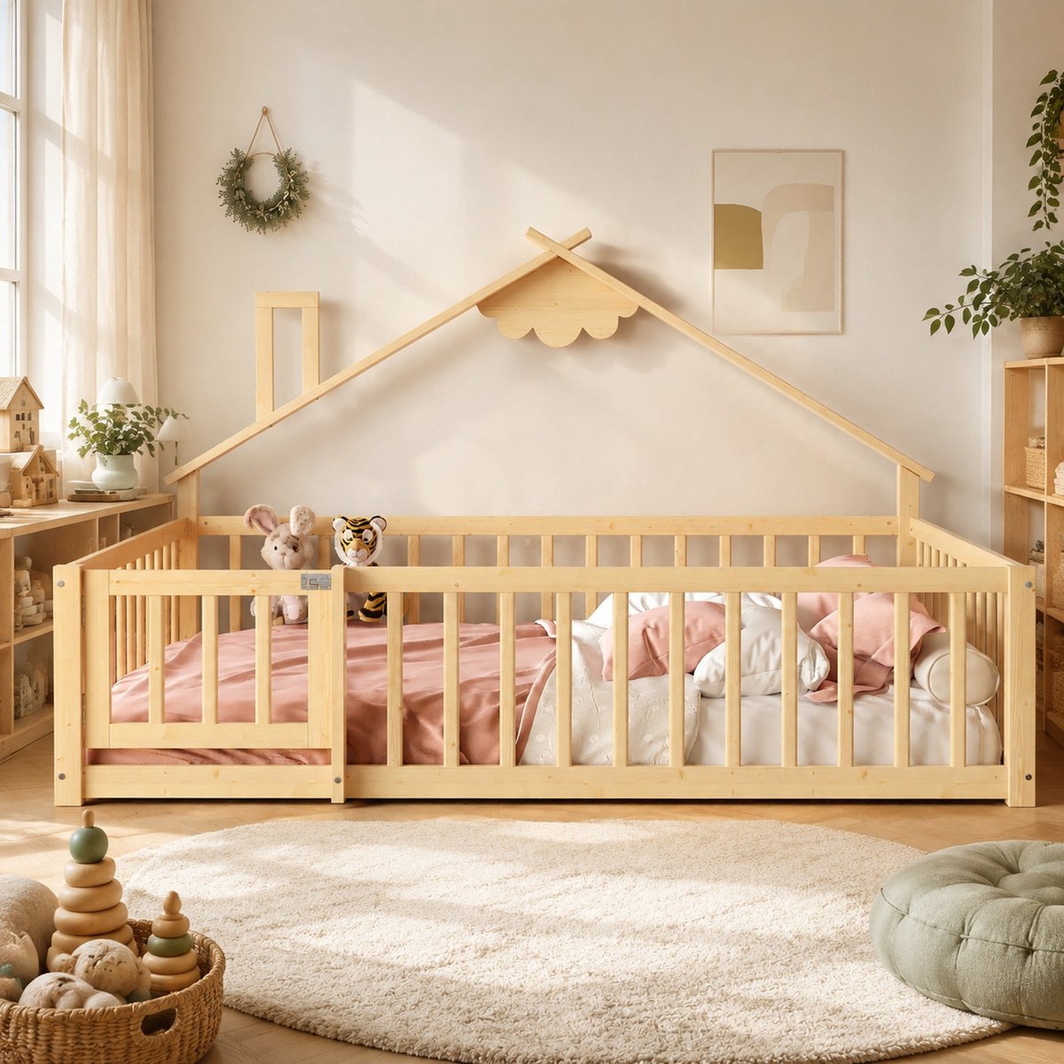 COVREO Kinderbed 140x190 cm naturel hout en MDF, met hek en huisframe