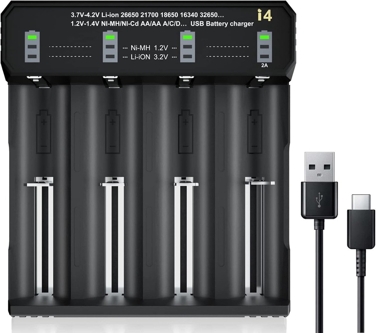 Acculader - i4 - 102 x 110 x 30 mm - Universele 4-voudige Lader met LCD-display - Voor Li-Ion en Ni-MH/Ni-Cd Batterijen