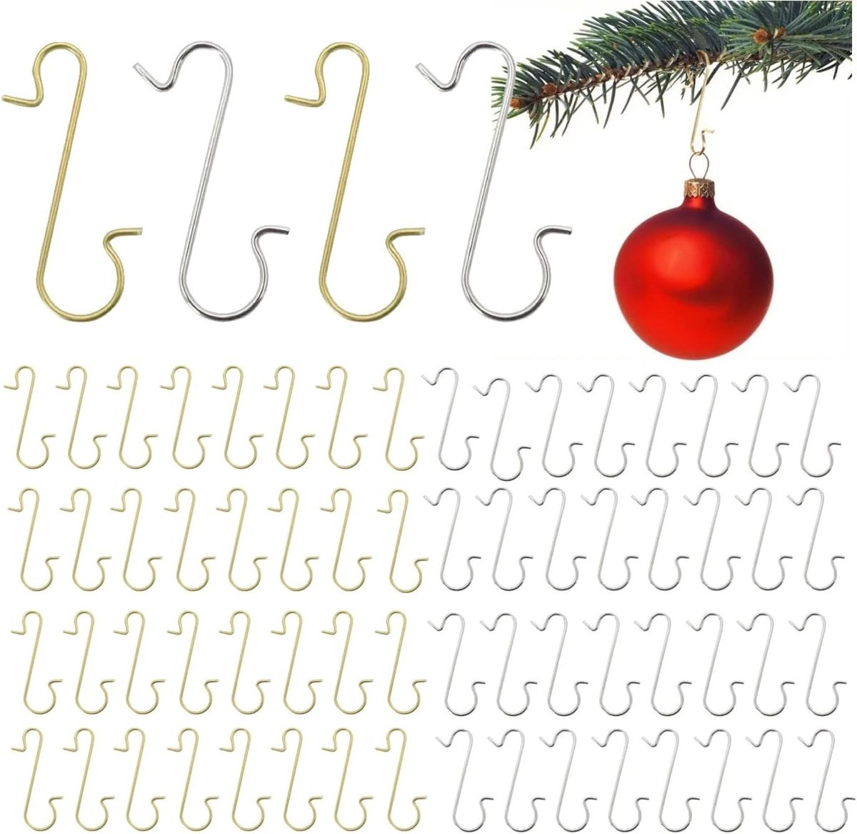 Haken voor Kerstboom - Goud en Zilver - Eenheidsmaat - S-vormige Kogelhangers voor Kerstdecoratie - Voor Universeel Gebruik
